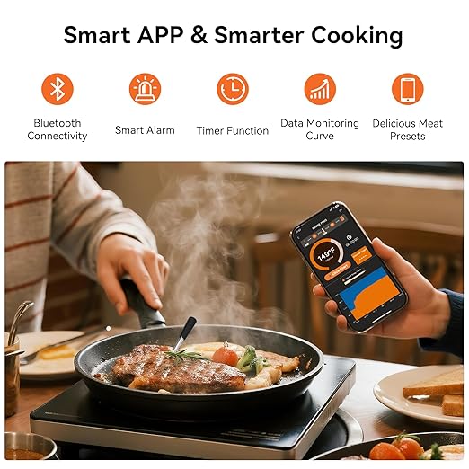4 Probes Wireless Meat Thermometer, Bluetooth Digital Food Thermometer for BBQ, Grill, Oven, Smoker, Long Range and Rechargeable Base with Real-time Alerts, Cooking Gifts for Men
