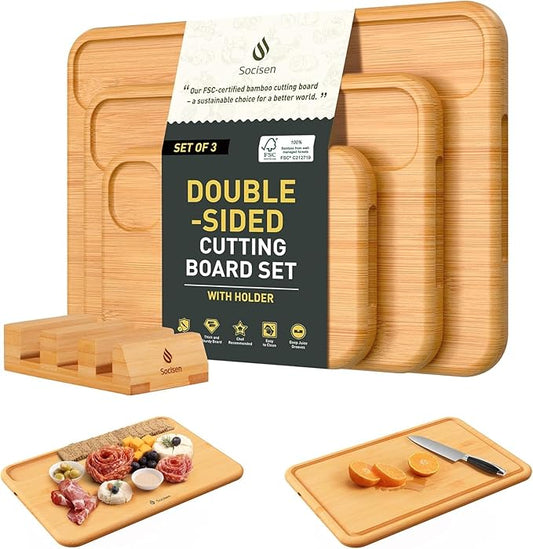 3 Packs Bamboo Cutting Board Set with Holder Wood Cutting Boards for Kitchen with Juice Grooves Built-in Handles, Ideal Charcuterie & Chopping for Meat Vegetables Fruits Kitchen Gift for Home Cooks