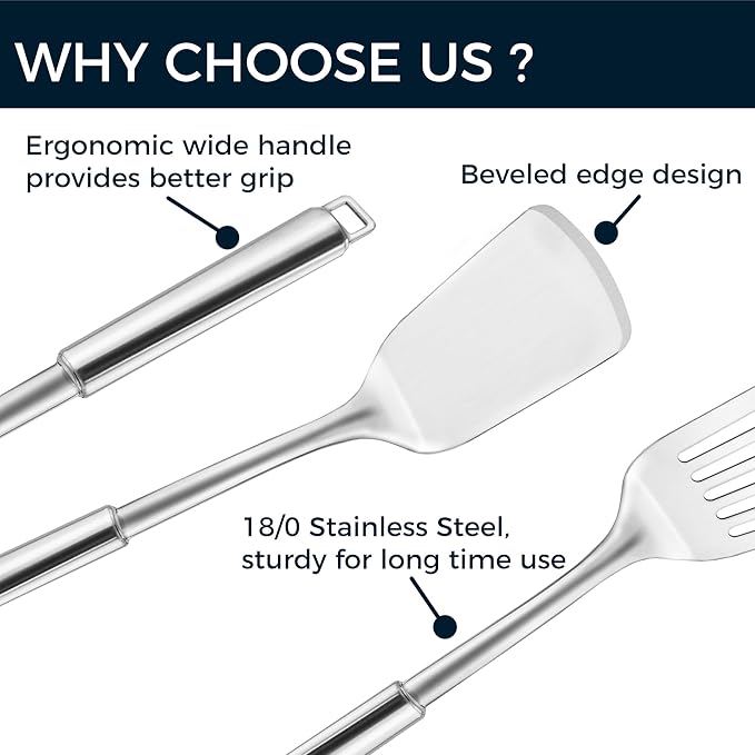 14.5-in Stainless Steel Spatula Set, 18/0 SS Heavy Duty Turner & Slotted Spatula for Kitchen Use, Cast Iron Grilling Frying, Pack of 2