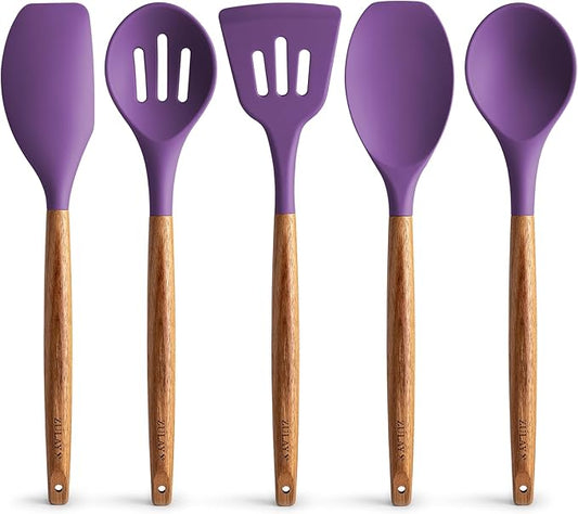 Zulay Kitchen Non-Stick Cooking Utensils Set with Authentic Acacia Wood Handles – 5-Piece Durable & Stylish Silicone Kitchen Utensils Set – Heat Resistant to 464°F – Purple