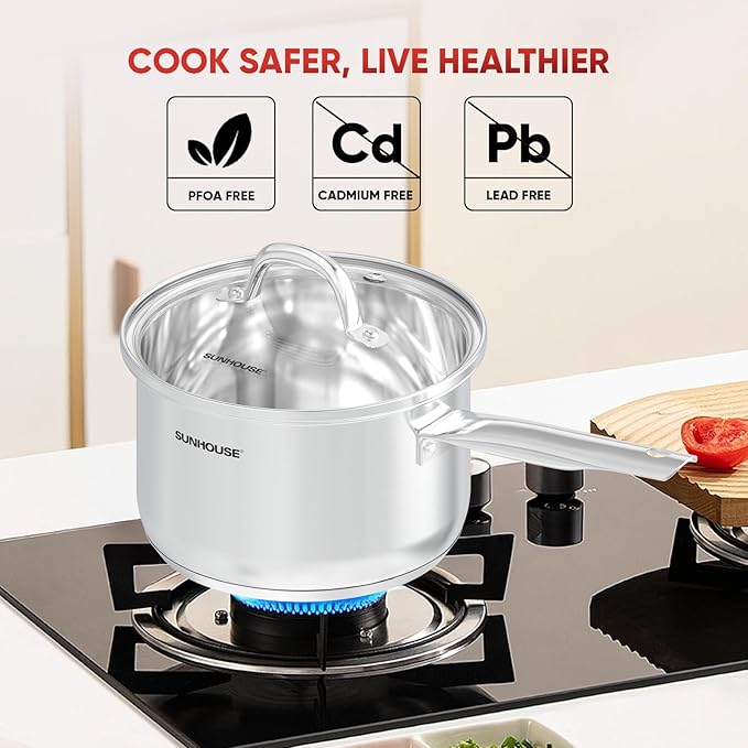 SUNHOUSE – 3 Quarts Stainless Steel Sauce Pan with Lid - PFOA-FREE, High Stainless Steel Sauce Pan, Advanced Impact Bonding Induction Base, Stay-Cool Handle, Compatible with All Cooktops
