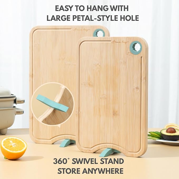 Aged Bamboo Cutting Board for Kitchen, Double-Sided Reversible with Juice Groove, Thick Durable, Standing Design for Fruits Meat Vegetables, Set of 2
