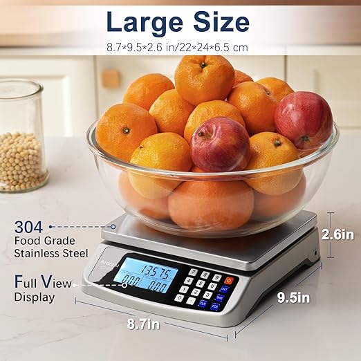110lb Food Scale, Commercial Kitchen Scale with Price Computing, Plug-in Usable, 0.05oz/1g, 304 Stainless Steel, for Cooking, Vegetables, Farm, Industry, Counting. LC300 Silver