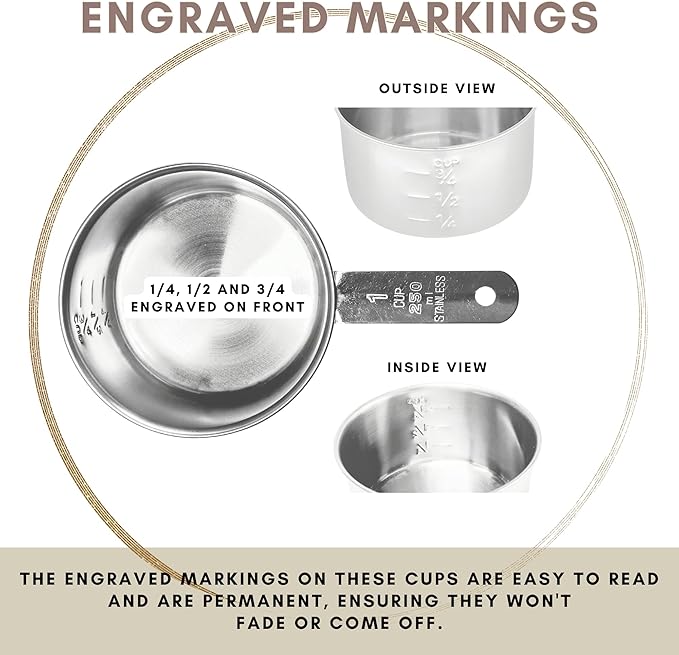 1 Cup Stainless Steel Measuring Cup | Sturdy Metal 250 ml | 240 cc | 8 oz | Single Cup for Wet and Dry Ingredients | Great for use as 1 Cup Dog Food Scoop - 12 PK