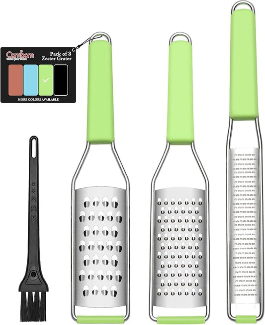 Cambom Lemon Zester Grater Three-piece Suit - Heavy Duty Kitchen Tool for Parmesan Cheese, Ginger, Garlic, Nutmeg, Chocolate, Vegetables，Fruits，Stainless Steel Grater Dishwasher Safe Green