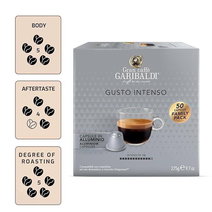 Gran Caffè Garibaldi Espresso Pods, Italian Roasted Coffee, Compatible Nespresso Original Line Machines, Nitrogen Flushed, Strong & Intense, Cocoa & Dried Fruit, Dark Roast - Gusto Intenso (Aluminum) 200 Cups