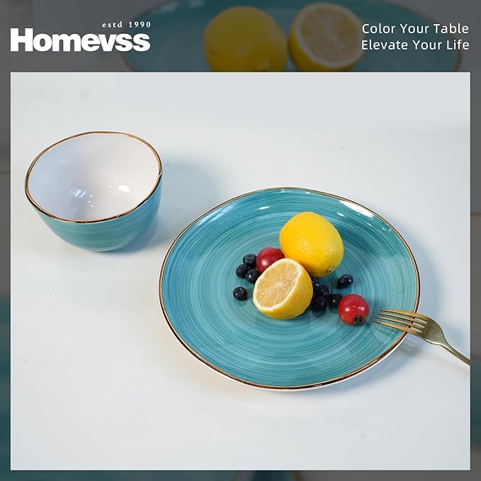 Highland 16-Piece Dinnerware Set Service for 4, Organic Shape Stoneware Plates and Bowls Set, Scratch Resistant, Microwave and Dishwasher Safe, Speckled Effect Handcrafted, Swirl Turquoise