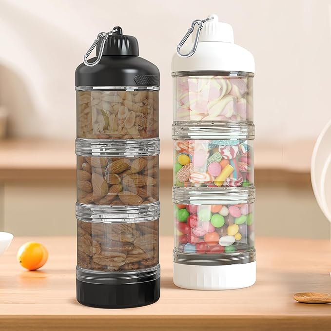 BYLWORKOUT 3 Layers Protein Travel Container with Funnel and Keychain | Cute Protein and Kitchen Storage Containers | Clear Plastic Kitchen Grade Box Organisers for Workout and Travel (White)