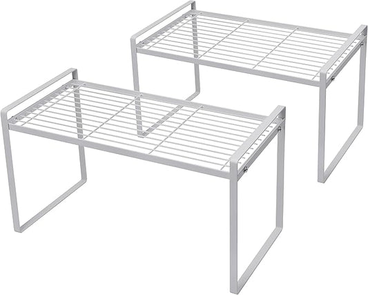 2Pack Cabinet Shelf Organizer Storage Rack Space Saving for Kitchen Counter Pantry Bathroom Cupboard Under Sink Office Table Steel Stackable Rust Resistant Heavy Duty Nonslip 16” White - Tall