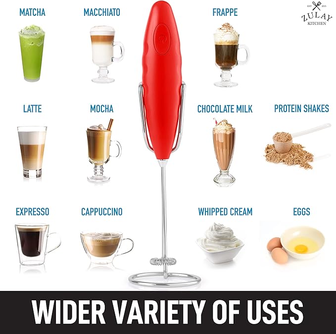 Zulay Double Grip Milk Frother for Coffee With Upgraded Holster Stand - Coffee Frother Handheld - Electric Handheld Foam Maker - Hand Mixer for Latte, Matcha - Electric Whisk (Red)