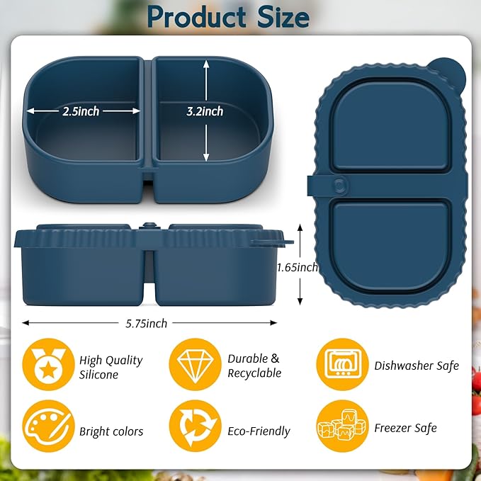 6 Pack Reusable Silicone Snack Containers with Lids, Mini Containers 2 Compartments, Portable Silicone Food Storage Box for Picnic, School, Office (6)