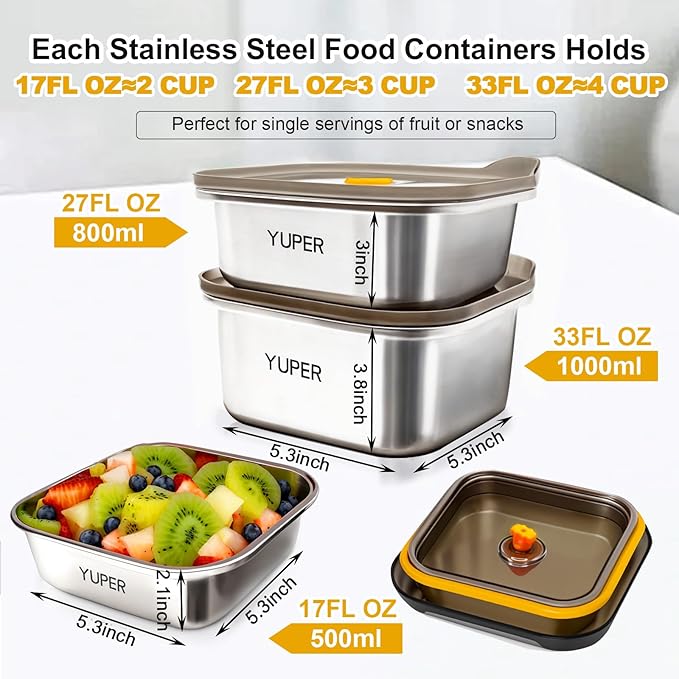 YUPER Stainless Steel Food Containers, Meal Prep Container, Bacon Cheese Sandwich Container for Refrigerator, Stainless Steel Containers with Airtight Lids, 3 Pack (17+27+33OZ)