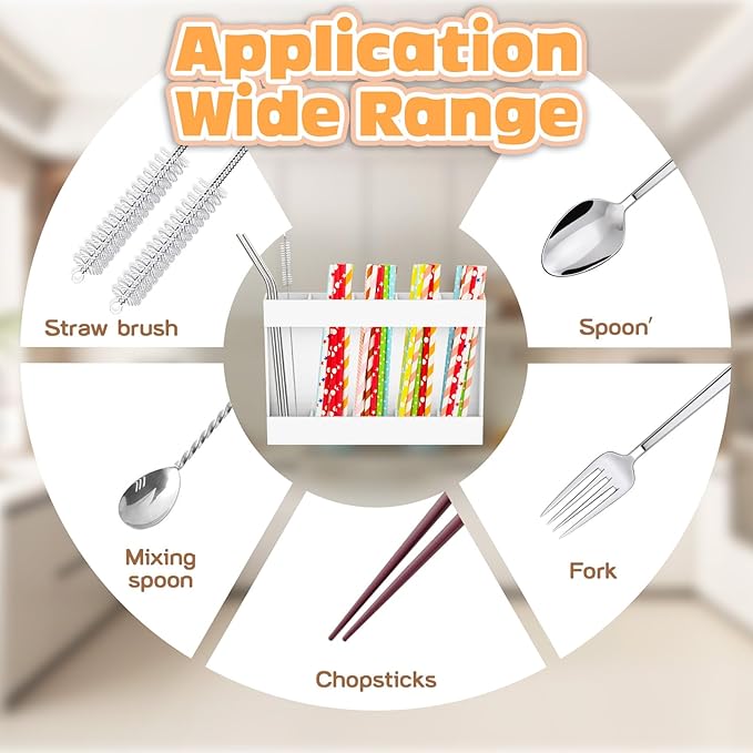 9.5" Acrylic Straw Holder with Double Sided Adhesive and Stickers,Reusable Straws Organizer Storage Dispenser for Counter Cabinet Cupboard Kitchen Door (White)