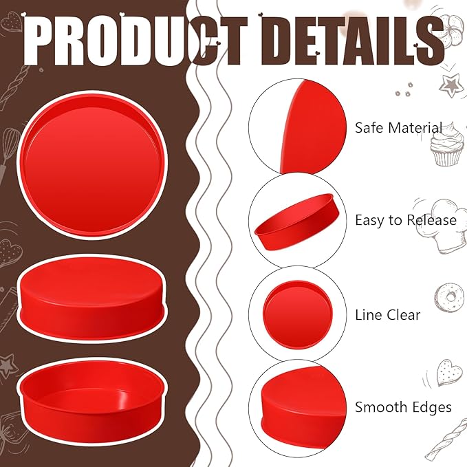 2 Pcs Silicone Cake Pan Round Baking Cake Molds Non-stick Quick Release Suitable for Cheesecake Puddings Party Favors(Red,8 Inches)