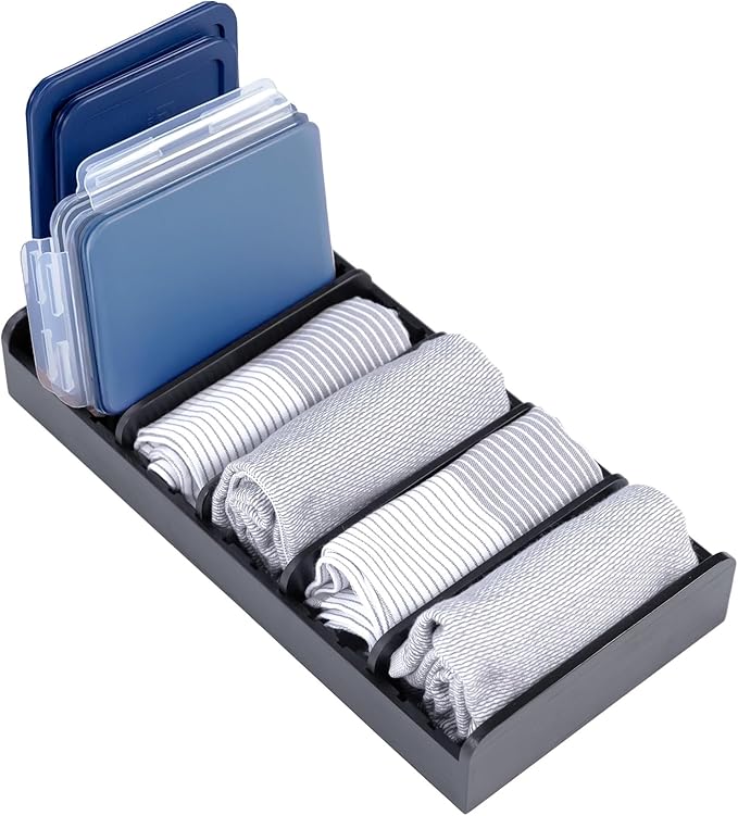 Bamboo Kitchen Towel and Food-Storage Organizer, Perfect for Kitchen Drawers, Cabinets, Pantry, 5 Adjustable Wall Inserts, Non-Slip Feet, Food-Safe Black Finish