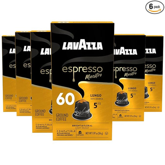 Lavazza Espresso Maestro Lungo Aluminum Capsules Compatible with Nespresso* Original Machines, Light Espresso Roast, 100% Arabica (60 Capsules)