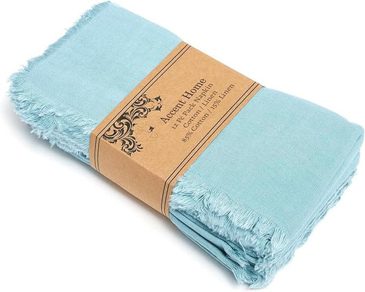 ACCENTHOME Blue Cotton Linen Napkin Set of 12 18x18 inch Dinner Napkins - Washable Soft Premium Hotel Quality Reusable Napkins Perfect Table Napkins for Family Dinners, Weddings & Everyday Use
