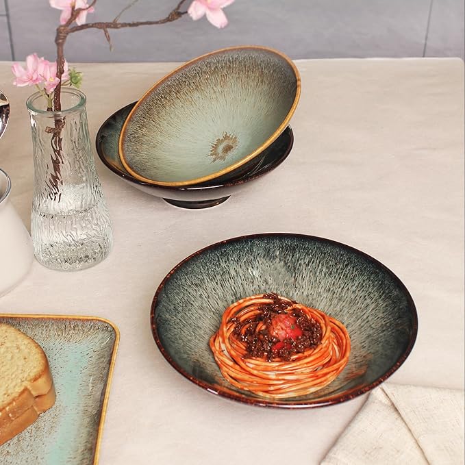 Ceramic Japanese Ramen Noodle Soup Bowl Set of 2, For Ramen, Pho,Soup,Salad, pasta, Asian Dishes,Udon noodles,Chinese Large Ramen Bowl - Microwave dishwasher oven safe, Black 10.4 Inch