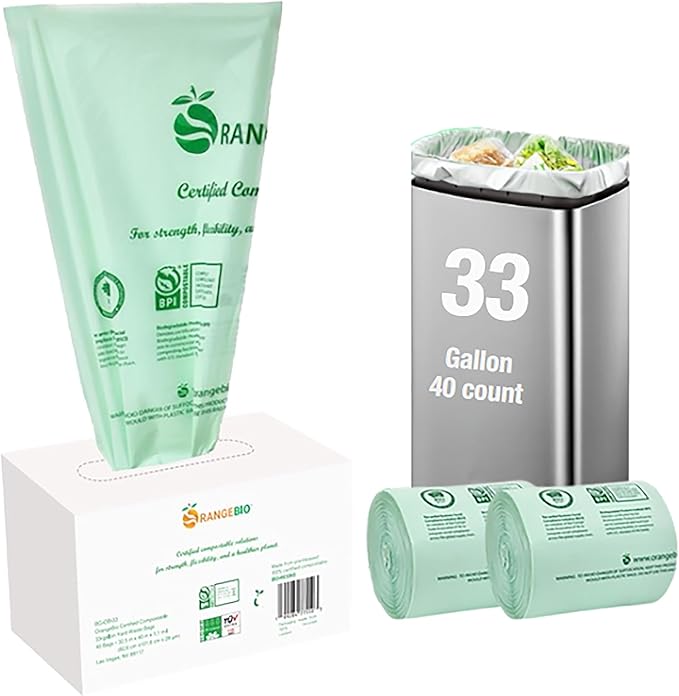 OrangeBio 33 Gallon Home Compostable Yard Waste Bags, 40 Count, 1.1 Mil, Lawn & Leaf Bags US BPI ASTM D6400 and OK Compost Home Certified