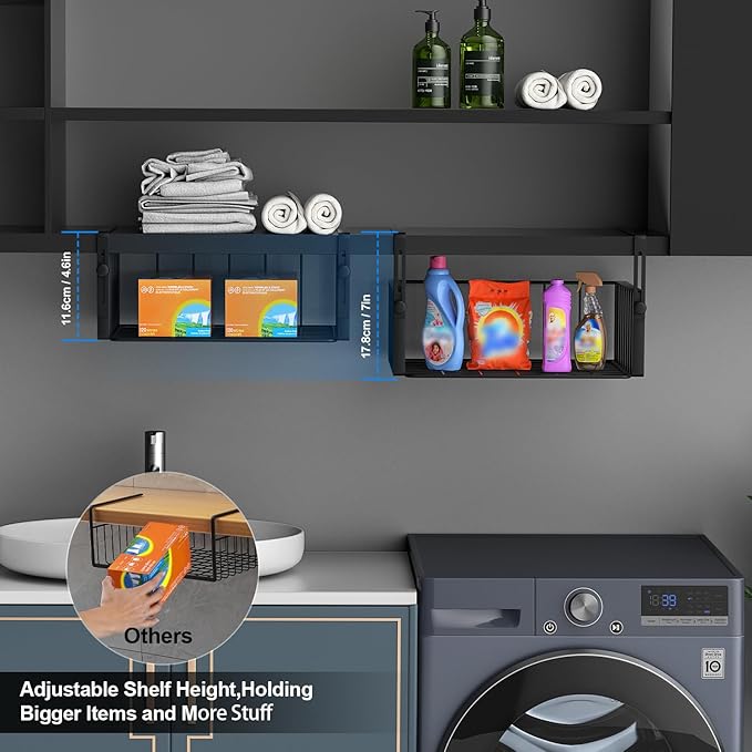 2Pack Under Shelf Basket Organizer,Adjustable Hanging Holder Storage for Cabinet Pantry Kitchen Cupboard Desk Counter Bookshelf Organization Add-on Space Saver Heavy Duty Slide-in,Black