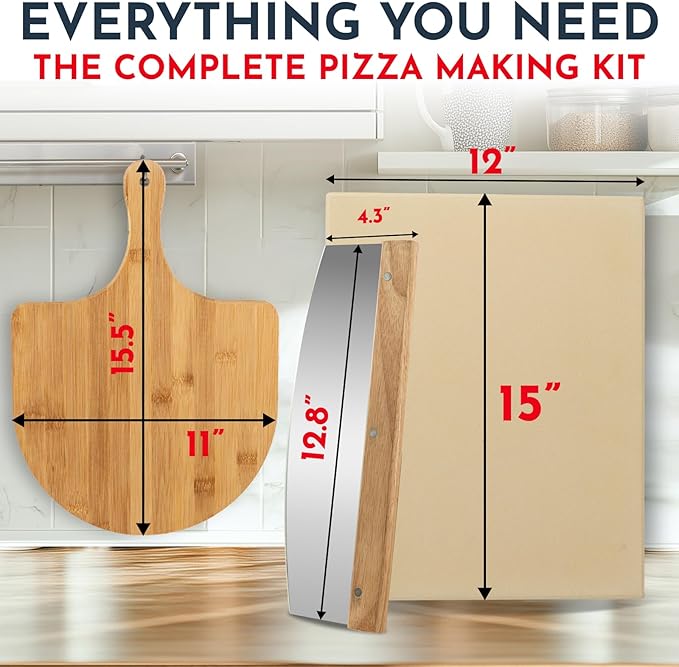 Pizza Stone for Oven Set - 15 x 12 inch Stone for Grill - 3PCS PizzaMaking Accessories - Large Pizza Oven Stones - Baking Stones for Bread and Pizzas