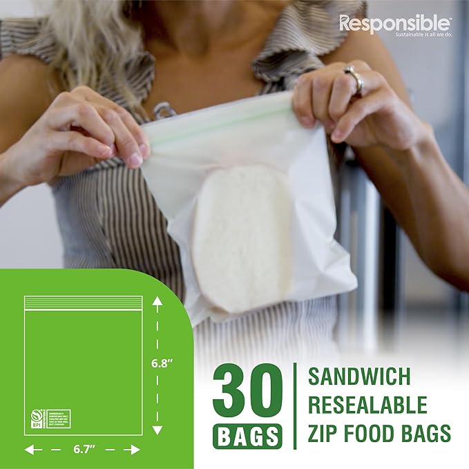 Certified Compostable SANDWICH Resealable Zip Bag, Extra Strength Food Bags, Plant-Based Freezer-Safe (30 Pack)