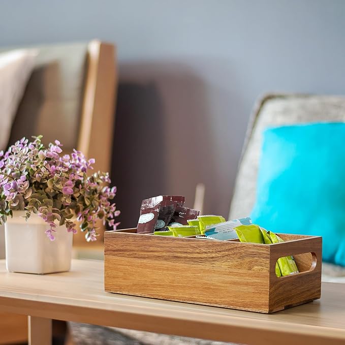 DRASTAR Pantry Organization and Storage Bins, Seasoning Packet Organizer with Removable Dividers,Wooden Storage Caddy for Kitchen, Pantry, Cabinet, Countertop, Acacia