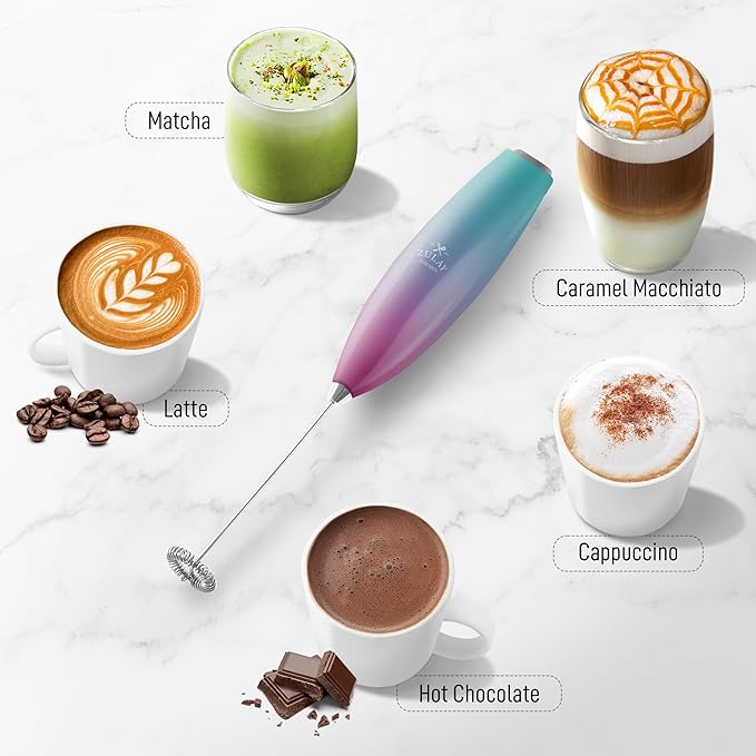 Zulay Kitchen Handheld Milk Frother with Duracell AA Batteries – Ultra Fast Electric Mixer & Foam Maker, Easy-Clean Drink Mixer for Coffee & More - Teal Pink Fade