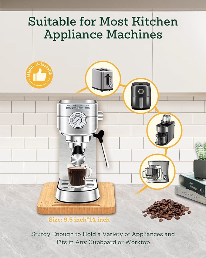 Bamboo Appliance Slider, Sliding Tray for Coffee Maker, Kitchen Countertop Appliance Rolling Tray, Coffee Pot Slider Tray with Rubber Wheels,Deep - Medium (9.5"D x 14"W)