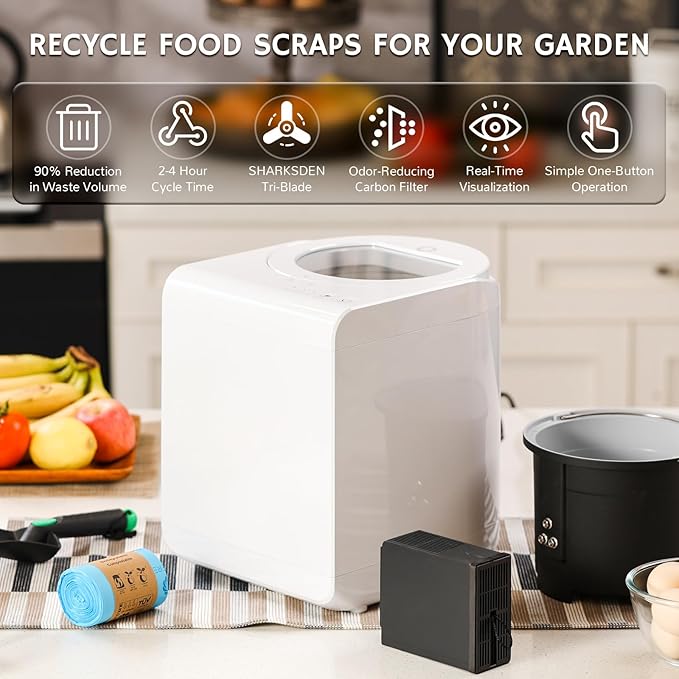 Airthereal Revive R500-V Electric Kitchen Composter with Visual Cover, Upgraded SHARKSDEN® Tri-Blade, Turn Food Waste and Scraps into Dry Natural Fertilizer for Plants, Pearl White