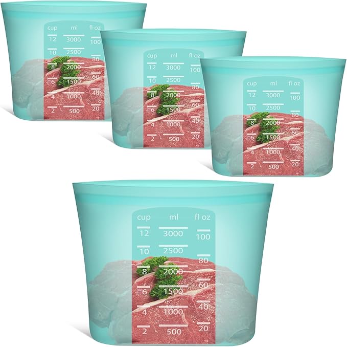 Reusable Food Storage Bags Extra Large, 0.8 Gallon/101 fl.oz/3000 ml, 4 Pack 100% Silicone Food Storage Bags Stand-Up Wide-Mouth Zip-Lock for Large Items, Freezer Microwave Oven Dishwasher Safe, Aqua