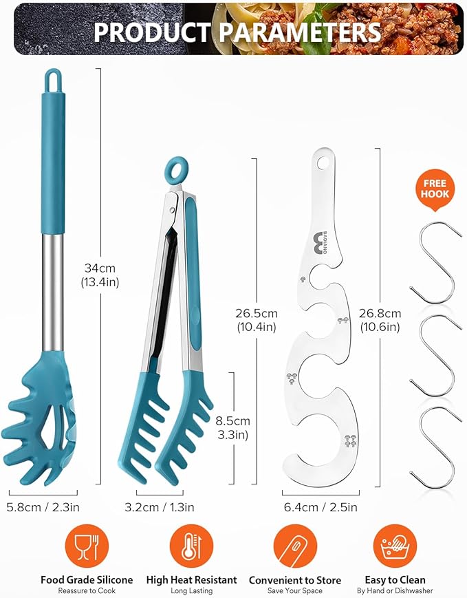Silicone Spaghetti Spoon & Pasta Tong With Pasta Measurer, 3 Pack of Non-Stick Stainless Steel Handle Pasta Fork Set with Teeth, Food Clip for Easy Serving of Noodles (BLUE)