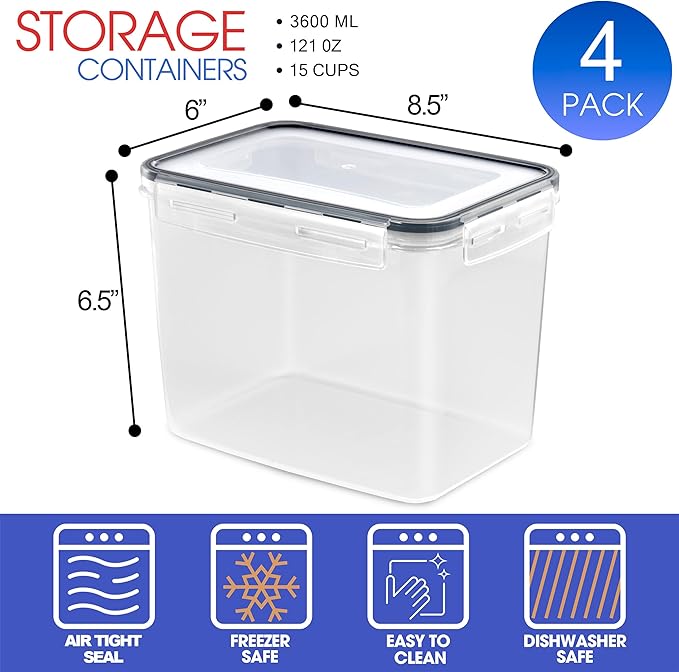 Sorbus Food Storage Containers - Pack of 4 - Air Tight, Four-Way Snap Lids Keeps Food Fresh - Store Cereal, Pasta, Flour, Nuts, Candy - Durable Plastic Kitchen Pantry Bins