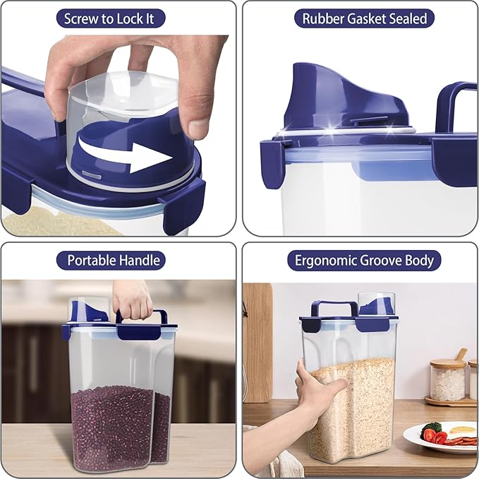 Rice Container, Airtight Rice Storage Container 10lb, Cereal Containers Storage, BPA Free Food Dispenser with Pouring Spout Handle for Flour Pasta Grain, Pet Dog Cat Bird Food Storage Container