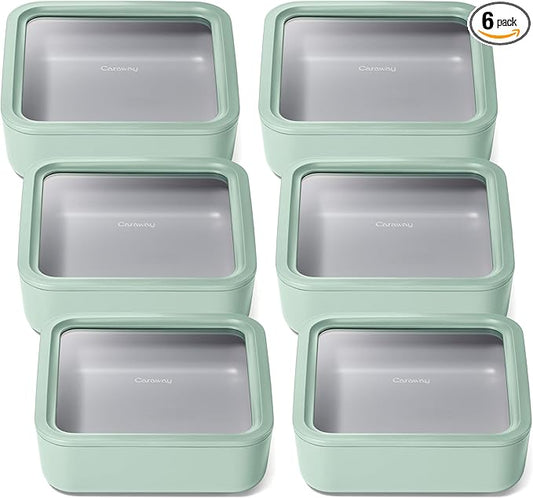 Caraway 6pc Glass Food Storage Set – 10 Cup Food Containers (6) - Ceramic Coated - Non Toxic, Non Stick with Lids - Microwave Safe - Mist