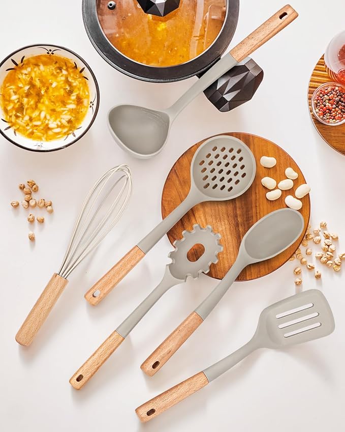 Kitchen Utensils Set, 13PCS Silicone Cooking Utensils, Heat Resistant Kitchen Utensil Spatula Set for Nonstick Cookware, Wooden Handles Kitchen Gadgets Tools Set