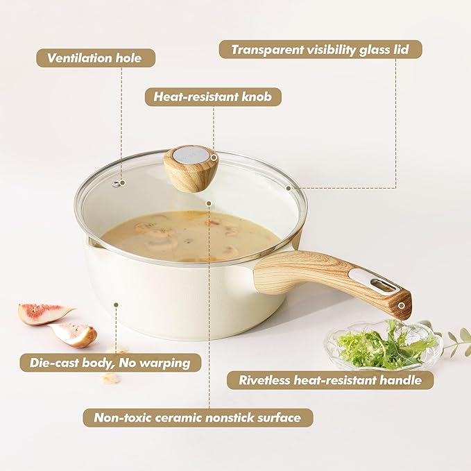 SENSARTE Ceramic Nonstick Sauce Pan with Lid, 1.5 Quart Small Saucepan, White Cooking Pot with Stay Cool Handle, Non toxic Kitchen Sauce Pot, Non stick Saucier Pan, Induction Pot, PFOA PTFE PFAS Free