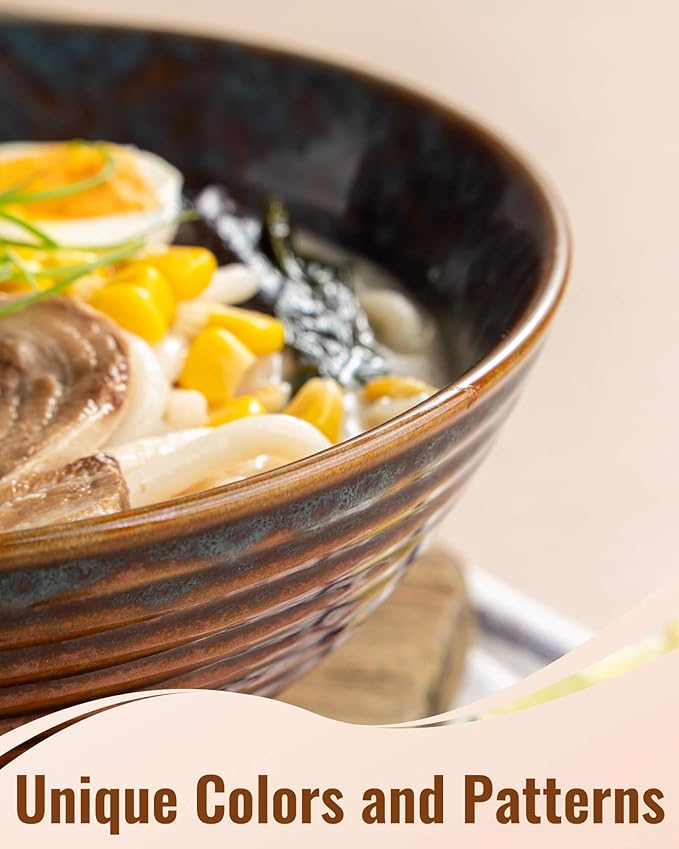 Large Japanese Ramen Bowl Set of 4, Material Safety Ceramic Ramen Bowls with Matching Chopsticks and Spoons, 8 Inch 40oz Pho Bowls Ramen Noodle Bowl for Asian Udon Soup Salad Cereal(Peacock Tail)
