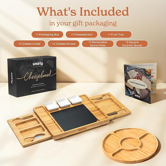 Smirly Charcuterie Board Set - Large Bamboo Cheese Board for Serving - House Warming Gifts New Home, Wedding & Bridal Shower Gift, Birthday Gift for Women