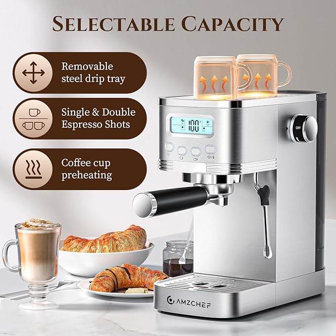 AMZCHEF Espresso Machine with LCD Display, 20 Bar Cappuccino Machines with Milk Frother for Home Gifts, Latte Coffee Maker with Dual Wall & Filters, Stainless Steel Style sliver