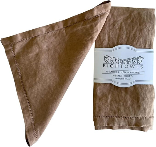 Hemstitched Linen Napkins – 20 Inch x 20 Inch – Stonewashed Pure Linen Cloth Dinner Napkins with Mitered Corners - 100% French Flax – Machine Washable - Set of 4 (Caramel)