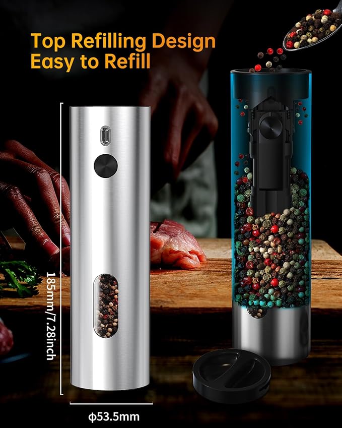 CIRCLE JOY Rechargeable Electric Pepper Grinder, Automatic Stainless Steel Pepper Mill Grinder with 110ml Container, Adjustable Coarseness and White LED Light, Silver