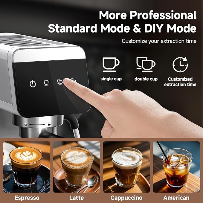AMZCHEF Espresso Coffee Machine|20 Bar Pressure System|LED Touch Screen|Compact Design Perfect for Home & Office|41oz Water Tank