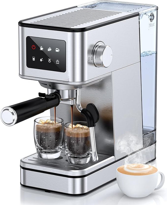 Espresso Machine with Milk Frother, 20 Bar Compact Coffee Machine with Touch Screen & 57.5oz Removable Water Tank for Home, Stainless Steel Espresso Maker for Cappuccino, Latte, Silver(updated)