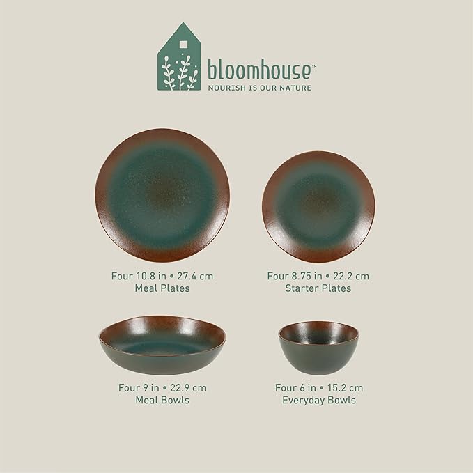 Bloomhouse Palermo Sun Double Bowl Stoneware Reactive Glaze Plates and Bowls Dinnerware Set - Agave Blue, Service for Four (16pcs)