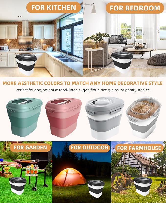 30-35 Lbs Dog Food Storage Container Collapsible Dog Food Container with Airtight Lids, Wheels, Scoop and 2pcs Food Storage Containers, Large Pet food storage for Dog, Cat (Black)