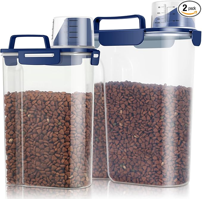 TBMax 2 Pack Cat Dog Food Storage Containers 8 to 10 Lbs, Portable Travel Pet Container Dispenser with Easy-Pouring Spout & Cup, Airtight Bird Seed Container Dog Treat Storage Bin