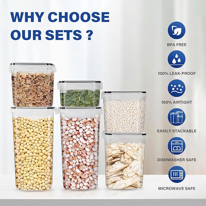 14 Pack Food Storage Container Set, Leak Proof Pantry Storage, BPA-Free Cereal Storage Containers Organizer for Kitchen Organization with Labels & Pen