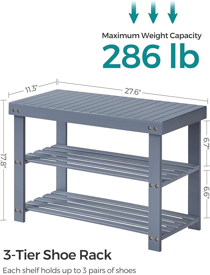 SONGMICS Shoe Rack Bench, 3-Tier Bamboo Shoe Storage Organizer, Entryway Bench, Holds Up to 286 lb, 11.3 x 27.6 x 17.8 Inches, for Entryway Bathroom Bedroom, Grey ULBS04GY