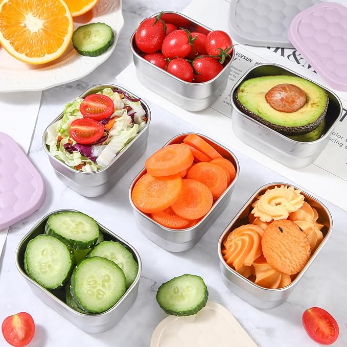 Layhit 6 Pcs Stainless Steel Snack Containers for Kids, 8 oz Lunch Containers with Silicone Lids Small Reusable Metal Food Box for Child Daycare School Home Storage Supplies(Stylish Color)